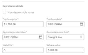 Image showing depreciation details section when adding a new fixed asset on QuickBooks.